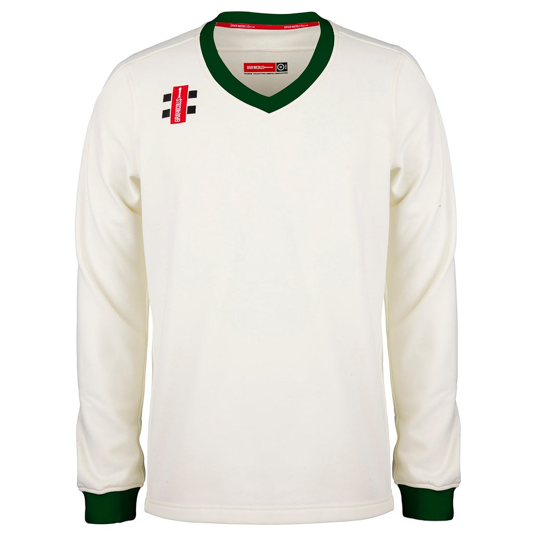 The Gray Nicolls Pro Performance Senior Sweater is a long-sleeved, bottle-colored sweater featuring the brand's logo on the chest and dark green collar and cuffs.