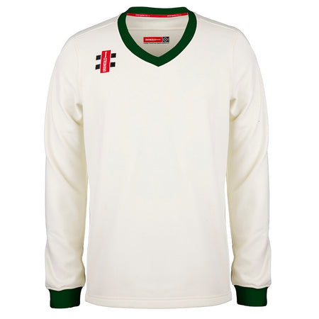 The Gray Nicolls Pro Performance Senior Sweater is a long-sleeved, bottle-colored sweater featuring the brand's logo on the chest and dark green collar and cuffs.