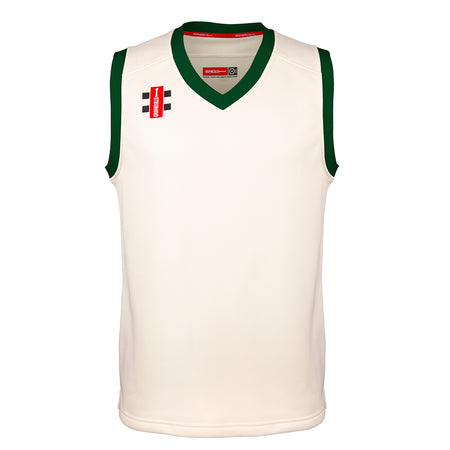 The Gray Nicolls Rockhampton CC Pro Performance Slipover - Junior is a sleeveless white cricket slipover with green trim on the neck and armholes, featuring two small red and black rectangular logos on the left chest.