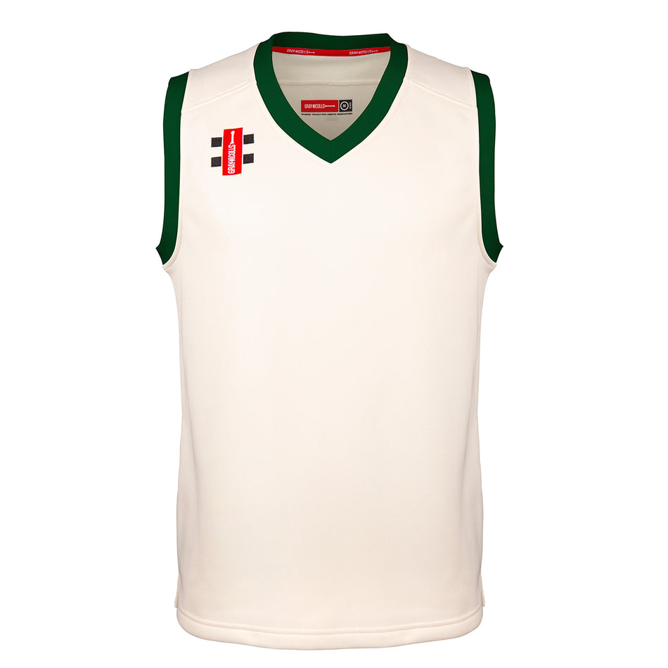 The Gray Nicolls Rockhampton CC Pro Performance Slipover - Junior is a sleeveless white cricket slipover with green trim on the neck and armholes, featuring two small red and black rectangular logos on the left chest.