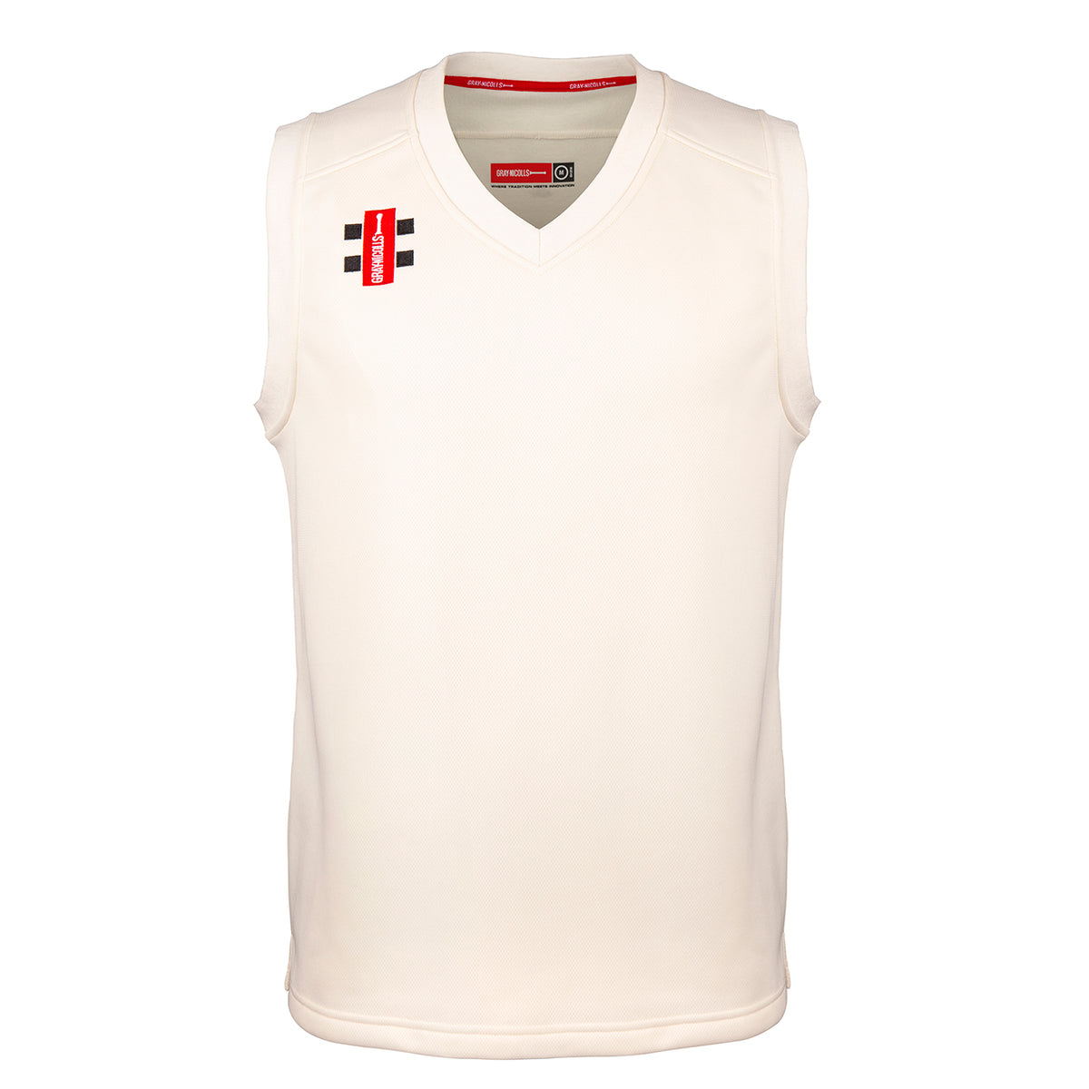 The Gray Nicolls Woolhope CC Pro Performance Senior Slipover is a sleeveless, cream V-neck sports vest with a small red and black Woolhope CC logo on the upper left chest, offering a plain, minimal design.