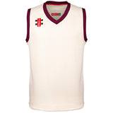The Gray Nicolls Penallt & Redbrook CC Pro Performance Slipover is a white sleeveless top with maroon trim, black stripes, and a red logo on the chest—perfect for club players seeking comfort and style.