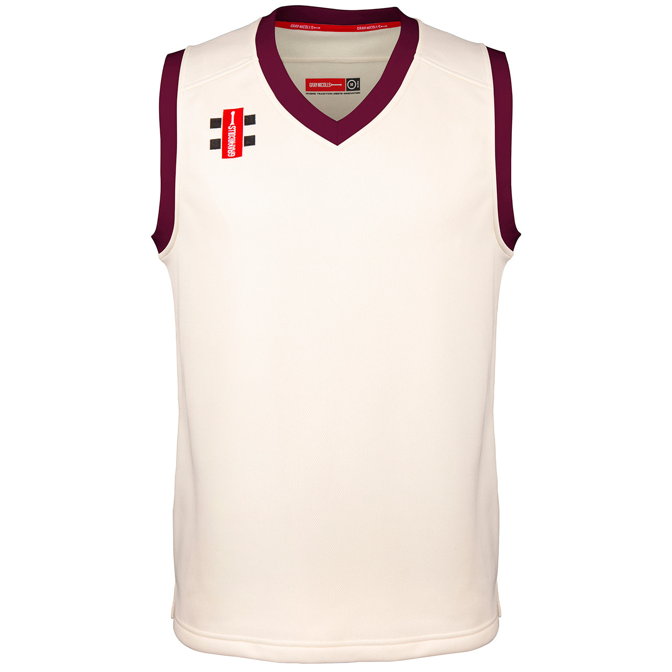 The Gray Nicolls Penallt & Redbrook CC Pro Performance Slipover is a white sleeveless top with maroon trim, black stripes, and a red logo on the chest—perfect for club players seeking comfort and style.
