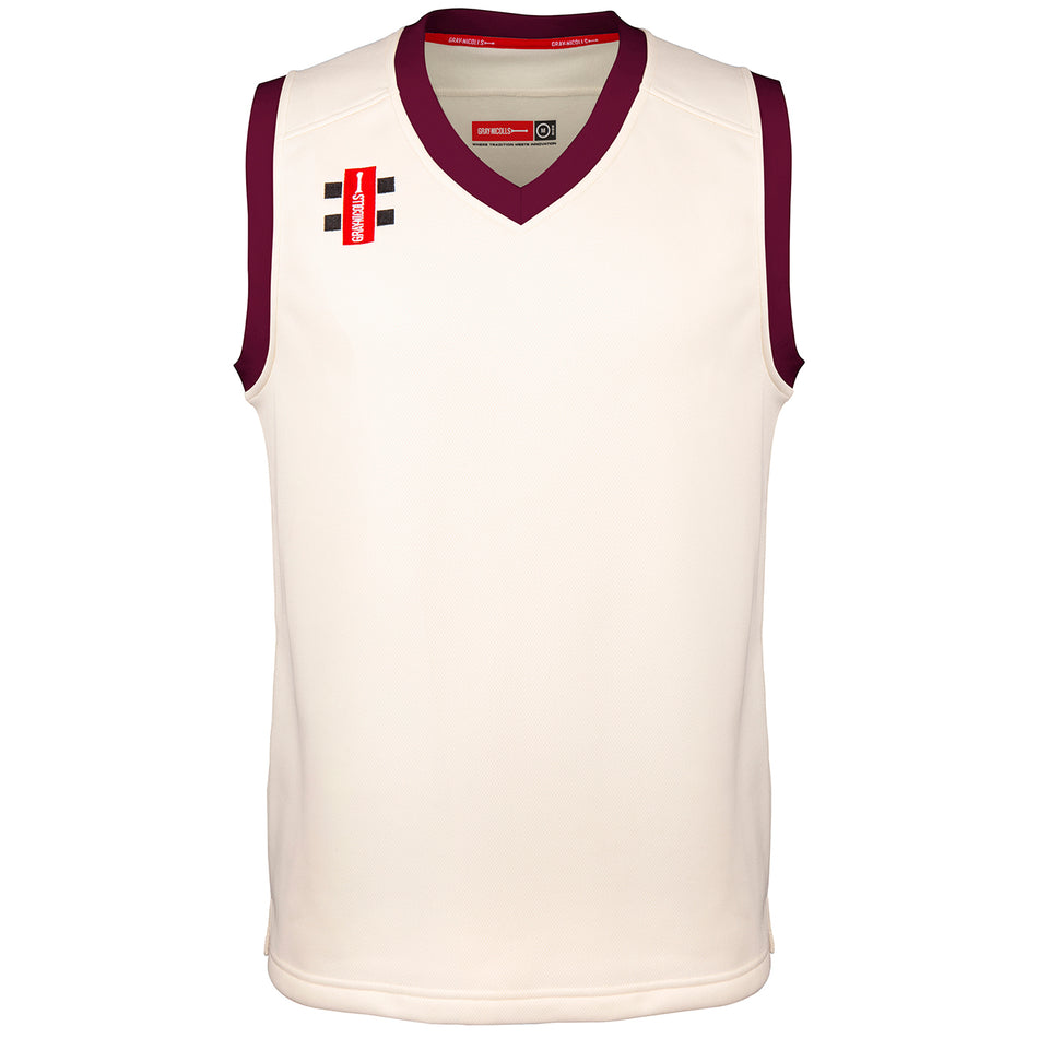 The Gray Nicolls Penallt & Redbrook CC Pro Performance Slipover is a white sleeveless top with maroon trim, black stripes, and a red logo on the chest—perfect for club players seeking comfort and style.