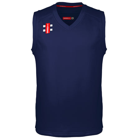 The Gray Nicolls Monmouth CC Pro Performance Slipover is a sleeveless, plain navy blue sports jersey with a V-neck and a red and white rectangular logo on the upper right shoulder.
