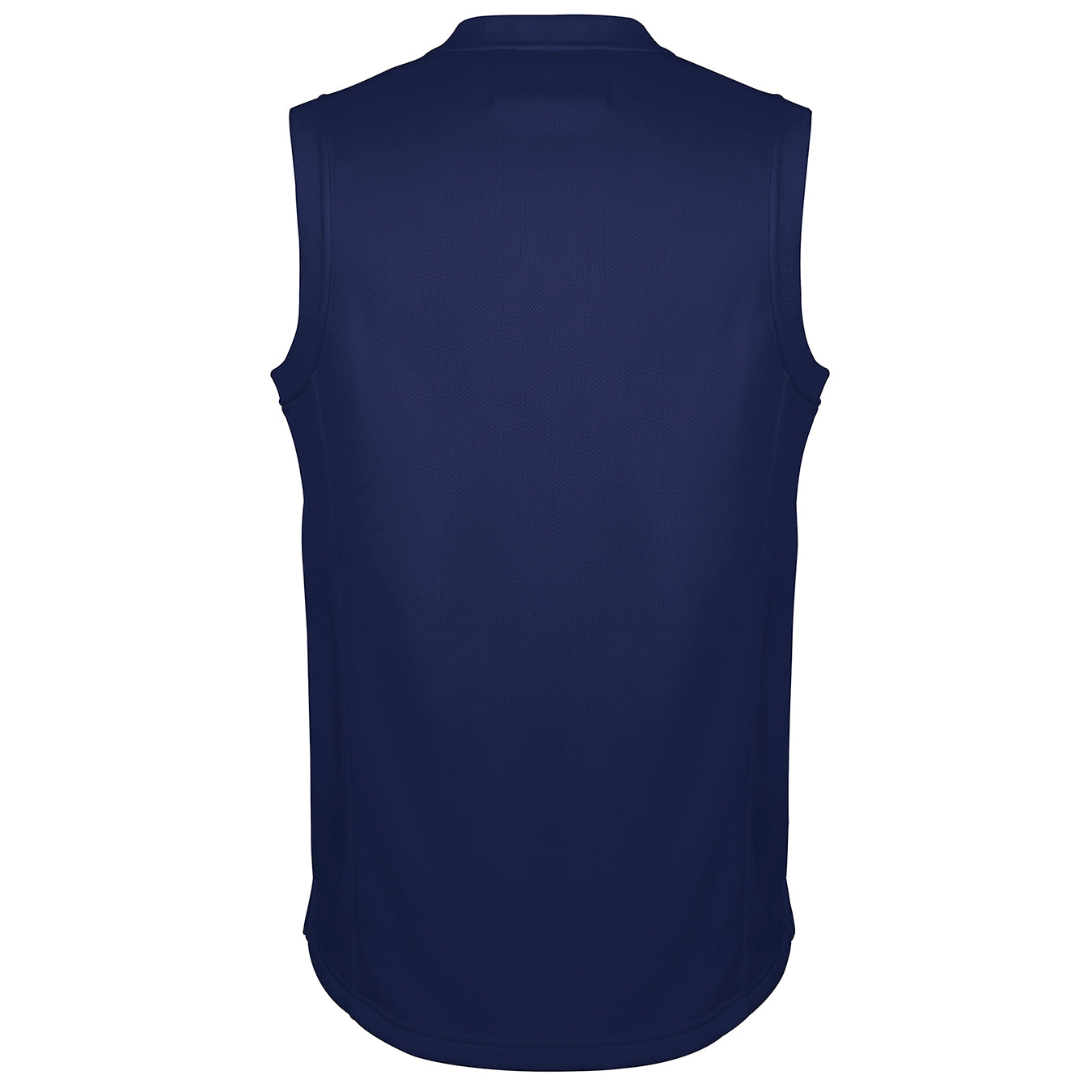 The Gray Nicolls Monmouth CC Pro Performance Slipover, sleeveless and navy blue, is shown from the back against a white background.
