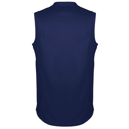 The Gray Nicolls Monmouth CC Pro Performance Slipover, sleeveless and navy blue, is shown from the back against a white background.