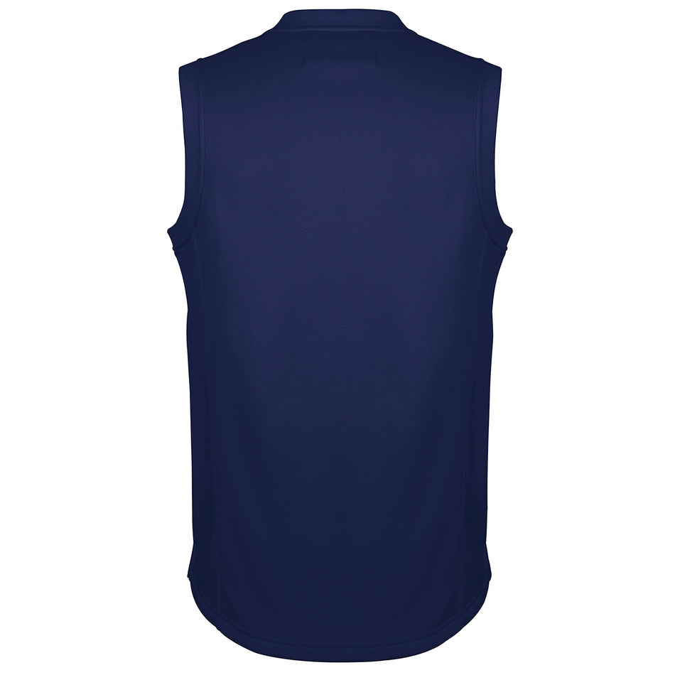 The Gray Nicolls Monmouth CC Pro Performance Slipover, sleeveless and navy blue, is shown from the back against a white background.