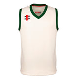 The Gray Nicolls Pro Performance Junior Slipover is a sleeveless bottle-colored sportswear jersey, perfect for cricket, featuring green detailing and two red and black logos on the upper left chest area.
