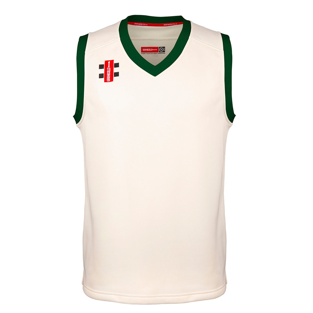 The Gray Nicolls Pro Performance Junior Slipover is a sleeveless bottle-colored sportswear jersey, perfect for cricket, featuring green detailing and two red and black logos on the upper left chest area.