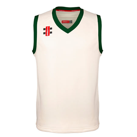 The Gray Nicolls Pro Performance Junior Slipover is a sleeveless bottle-colored sportswear jersey, perfect for cricket, featuring green detailing and two red and black logos on the upper left chest area.
