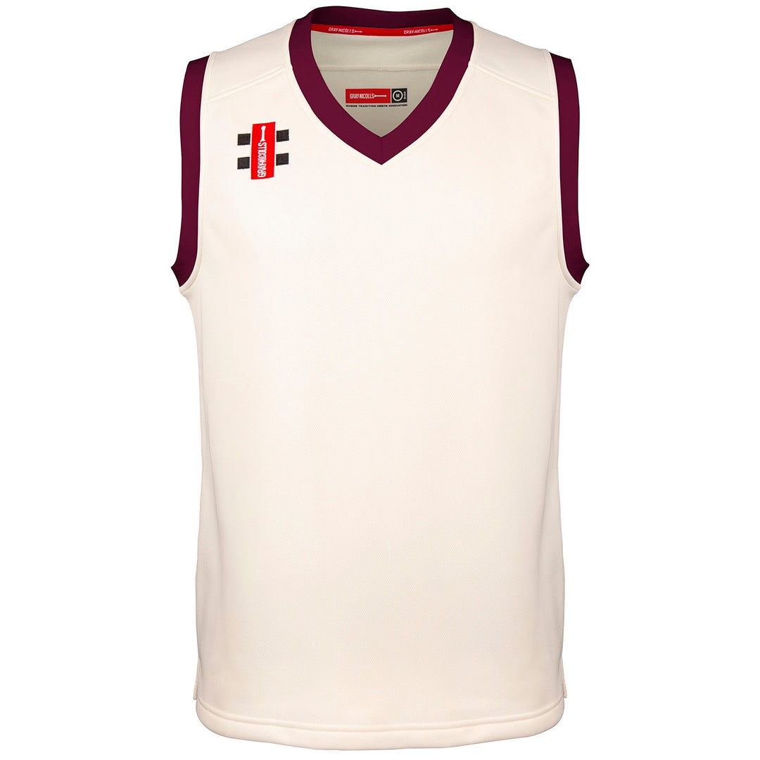 The Gray Nicolls Pro Performance Senior Slipover is a sleeveless white cricket slipover with maroon trim at the neck and arms, and small red and black Gray Nicolls logos on the right shoulder and chest.