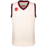 The Gray Nicolls Pro Performance Senior Slipover is a sleeveless white cricket slipover with maroon trim at the neck and arms, and small red and black Gray Nicolls logos on the right shoulder and chest.
