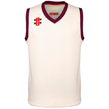 The Gray Nicolls Pro Performance Junior Slipover is a maroon sleeveless sports jersey, ideal for cricket. It features quality craftsmanship and the iconic Gray Nicolls branding—perfect for junior players seeking comfort and style.