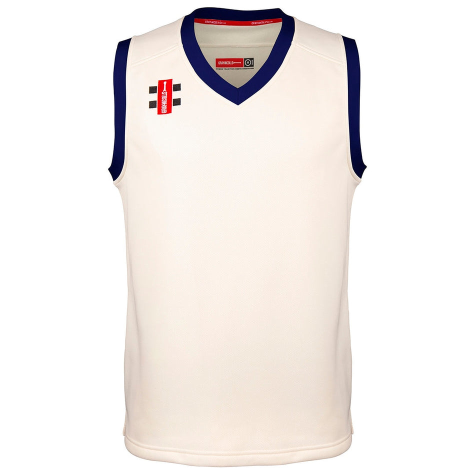 The Gray Nicolls Kempton CC Pro Performance Senior Slipover is a sleeveless white cricket top with blue trim on the armholes and neckline, and the club's red and black logo on the upper left chest, shown on a plain white background.