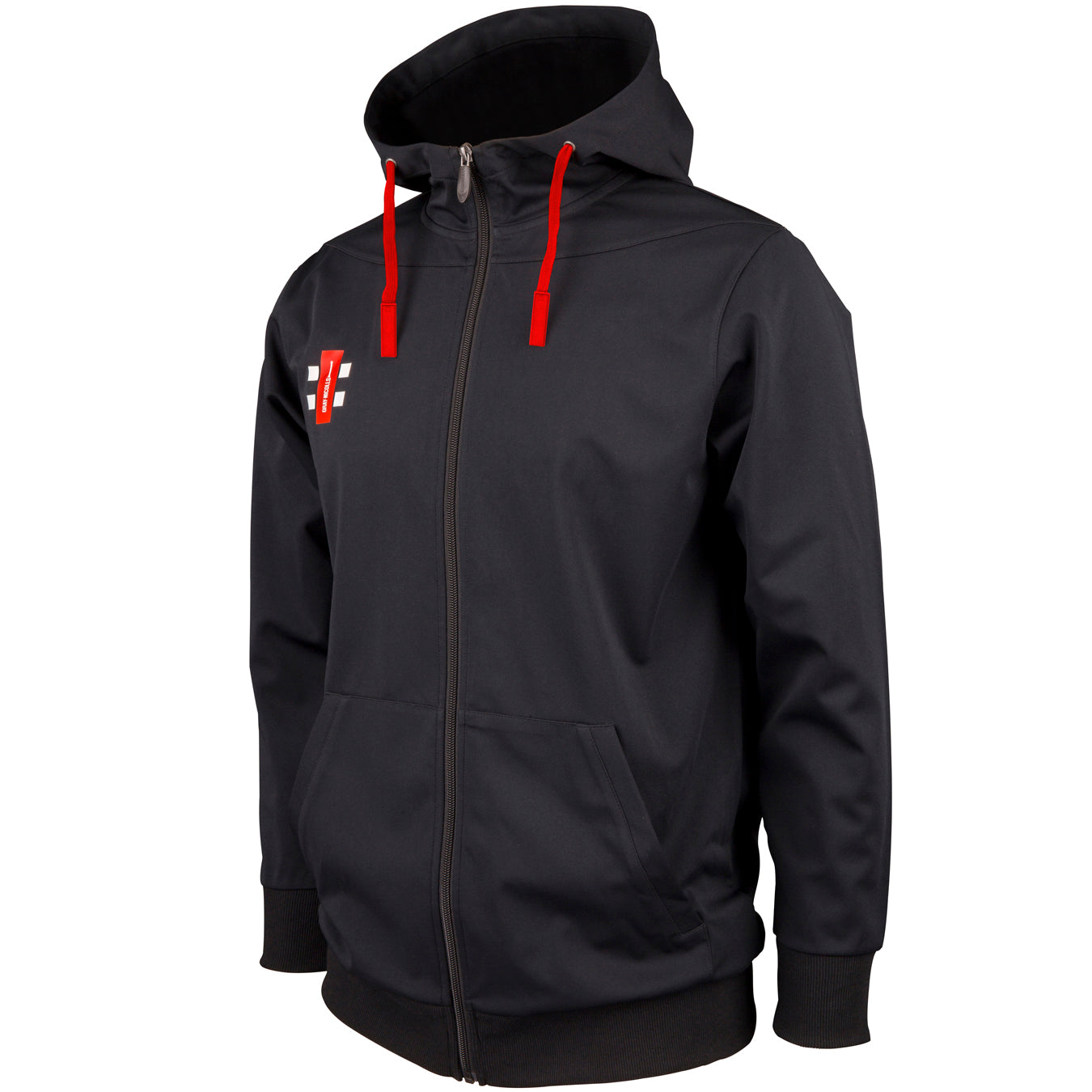 The Gray Nicolls Penallt & Redbrook CC Pro Performance Hoodie features a black polyester design with red drawstrings, side pockets, ribbed cuffs and hem, and a red-and-white geometric logo on the left chest.