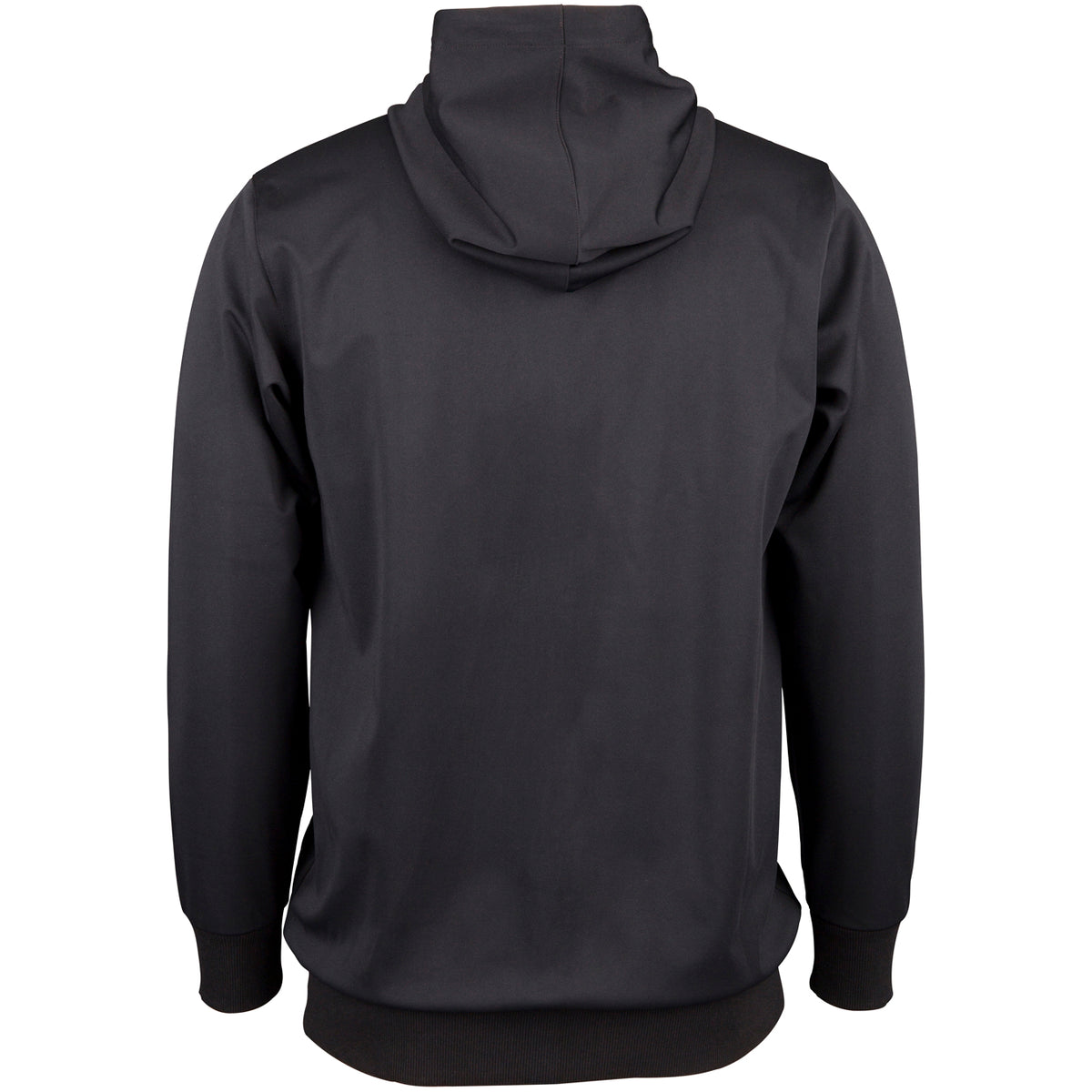 Back view of the Gray Nicolls Penallt & Redbrook CC Pro Performance Hoodie in plain black, featuring long sleeves, ribbed cuffs and waistband, made from polyester, shown against a white background.