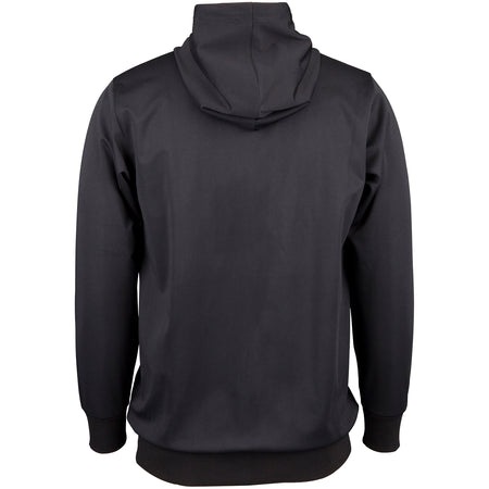 Back view of the Gray Nicolls Penallt & Redbrook CC Pro Performance Hoodie in plain black, featuring long sleeves, ribbed cuffs and waistband, made from polyester, shown against a white background.