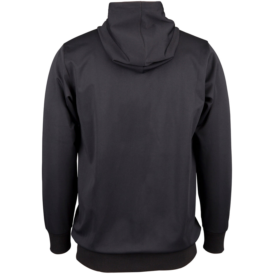 Back view of the Gray Nicolls Penallt & Redbrook CC Pro Performance Hoodie in plain black, featuring long sleeves, ribbed cuffs and waistband, made from polyester, shown against a white background.