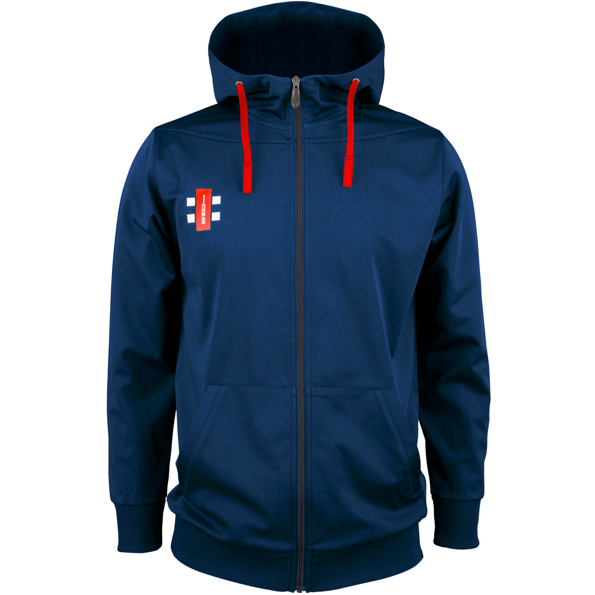 The Gray Nicolls Pro Performance Hooded Top in navy features a hood, red drawstrings, a small white and red logo on the left chest, keep warm pockets, and ribbed cuffs and hem. Made from polyester.