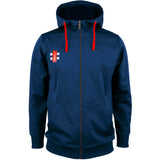 The Gray Nicolls Pro Performance Hooded Top in navy features a hood, red drawstrings, a small white and red logo on the left chest, keep warm pockets, and ribbed cuffs and hem. Made from polyester.