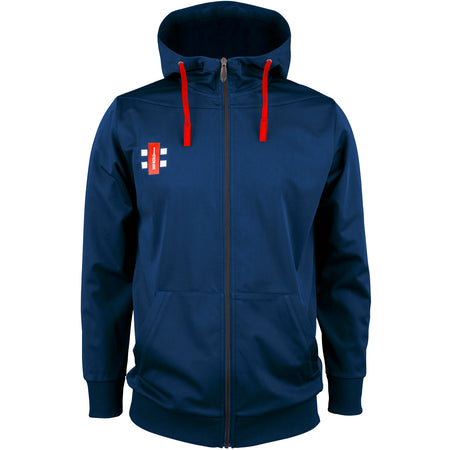 The Gray Nicolls Pro Performance Hooded Top in navy features a hood, red drawstrings, a small white and red logo on the left chest, keep warm pockets, and ribbed cuffs and hem. Made from polyester.