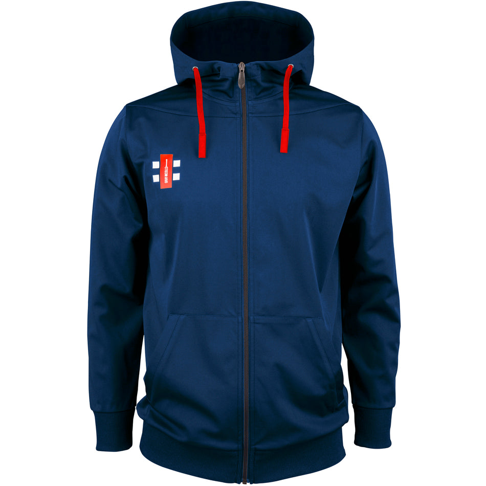 The Gray Nicolls Pro Performance Hooded Top in navy features a hood, red drawstrings, a small white and red logo on the left chest, keep warm pockets, and ribbed cuffs and hem. Made from polyester.