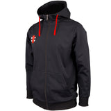 The Gray Nicolls Pro Performance Hooded Top is a black polyester hoodie with red drawstrings, front keep warm pockets, and a small red and white logo on the left chest, shown here on a white background.