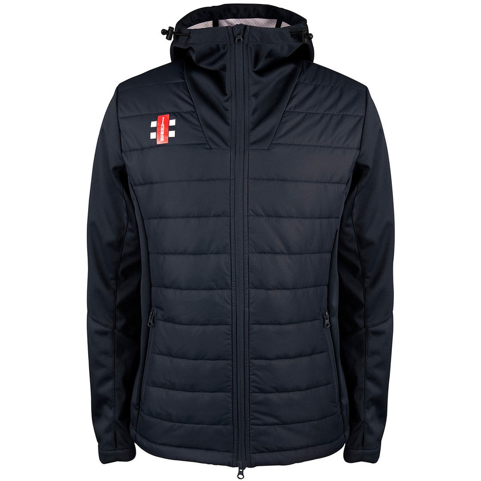 The Gray Nicolls National Star College CC Pro Performance Full Zip Jacket is black, features a hood, zip front, horizontal quilting, two front pockets, a small red and white chest logo, is water repellent, and shown on a plain white background.