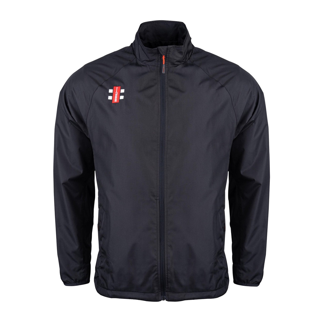 The Gray Nicolls Velocity Rain Jacket is a black, lightweight, water-repellent zip-up with a high collar and long sleeves. It features a small red and white rectangular logo on the left chest—ideal for staying dry at cricket matches.
