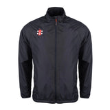 The Gray Nicolls Rockhampton CC Velocity Rain Jacket - Junior is a black, water-repellent zip-up with long sleeves, two front pockets, and a red and white chest logo—perfect as a stylish cricket jacket for unpredictable weather.