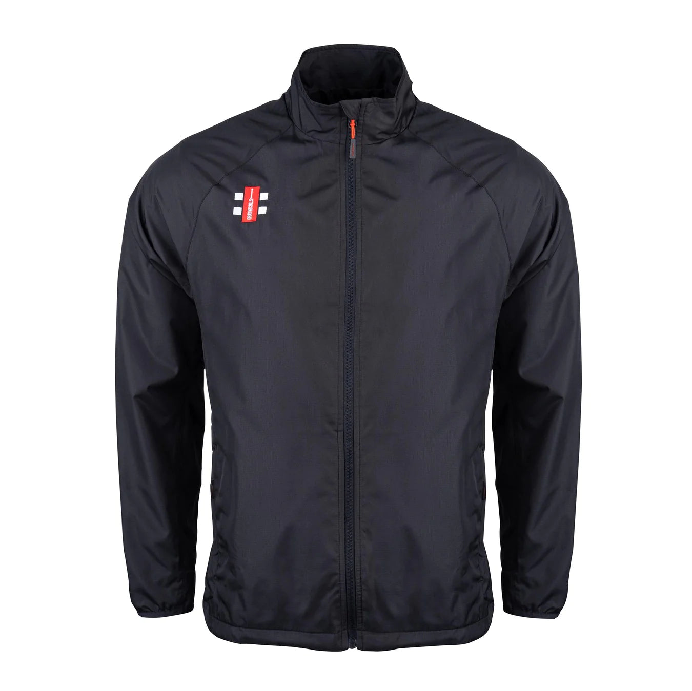 The Gray Nicolls Rockhampton CC Velocity Rain Jacket - Junior is a black, water-repellent zip-up with long sleeves, two front pockets, and a red and white chest logo—perfect as a stylish cricket jacket for unpredictable weather.