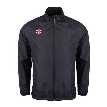 The Gray Nicolls Rockhampton CC Velocity Rain Jacket - Junior is a black, water-repellent zip-up with long sleeves, two front pockets, and a red and white chest logo—perfect as a stylish cricket jacket for unpredictable weather.
