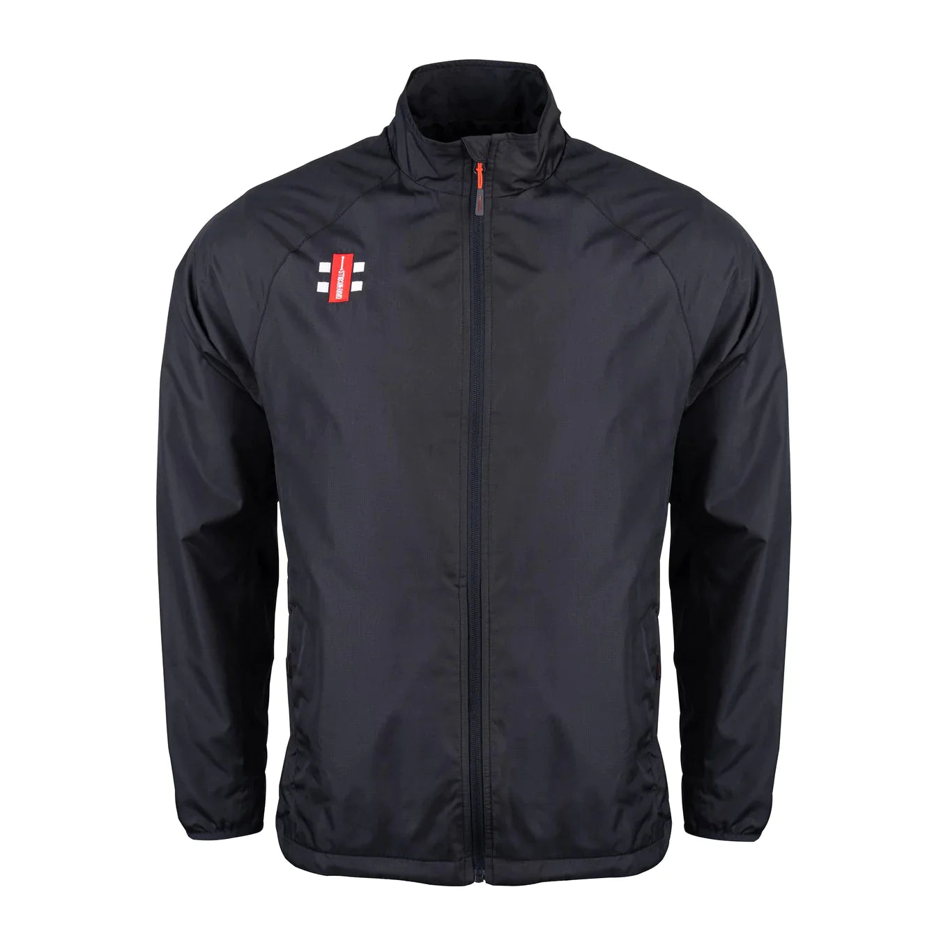 The Gray Nicolls Rockhampton CC Velocity Rain Jacket - Senior is black with a high collar, long sleeves, side pockets, and a water-repellent finish. A small red and white rectangular logo appears on the left chest. The background is plain white.