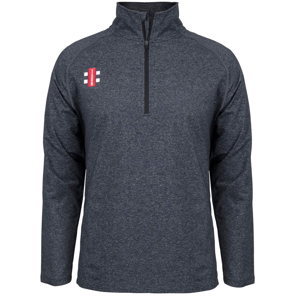 The Gray Nicolls Velocity Mid Layer is a melange black, long-sleeve athletic fit quarter-zip pullover with a small red and white logo on the left chest. Moisture-wicking, high-collared, and perfect as training top sportswear.
