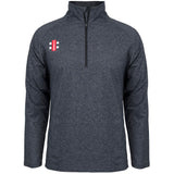 The Gray Nicolls Velocity Mid Layer is a melange black, long-sleeve athletic fit quarter-zip pullover with a small red and white logo on the left chest. Moisture-wicking, high-collared, and perfect as training top sportswear.