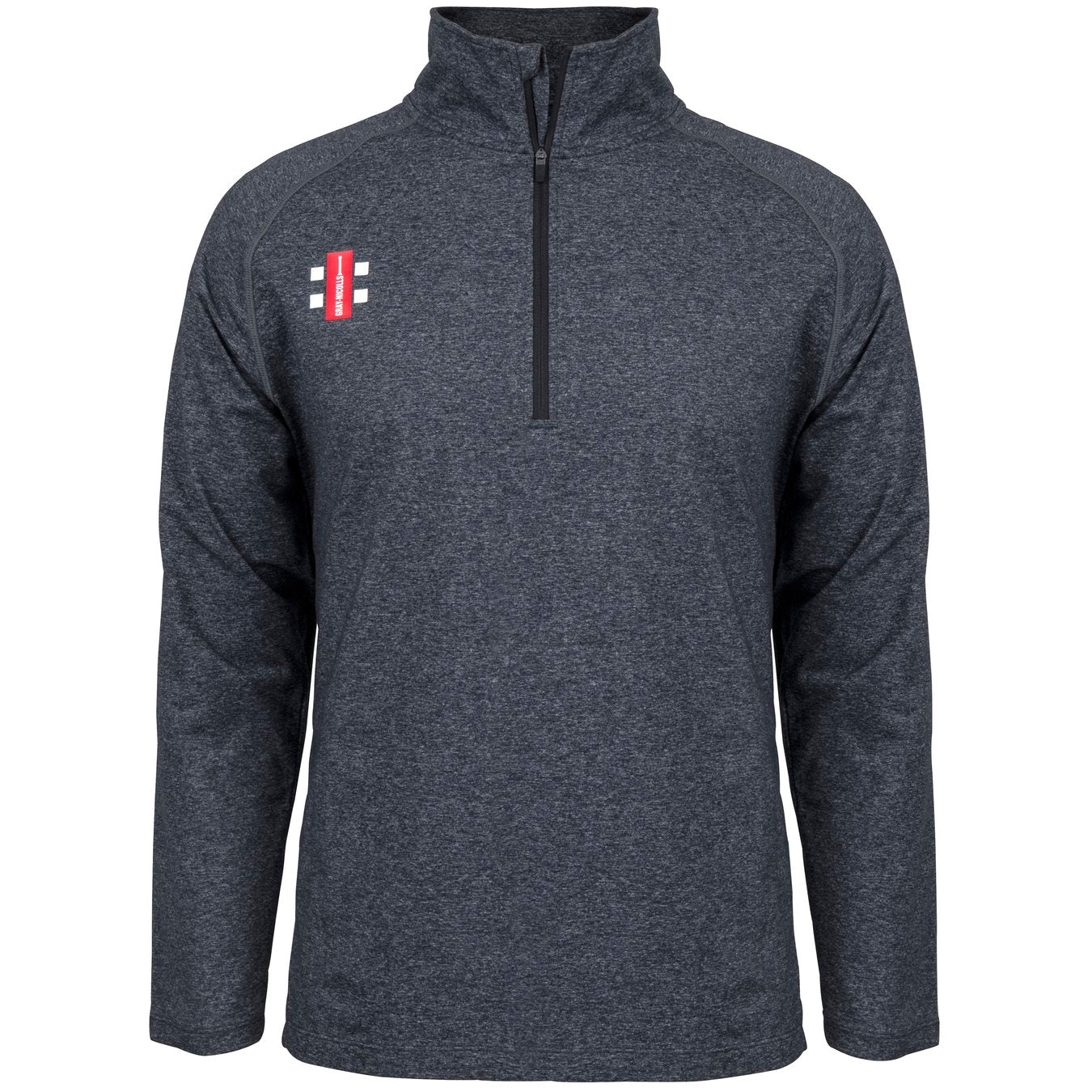 The Gray Nicolls Velocity Mid Layer is a melange black, long-sleeve athletic fit quarter-zip pullover with a small red and white logo on the left chest. Moisture-wicking, high-collared, and perfect as training top sportswear.