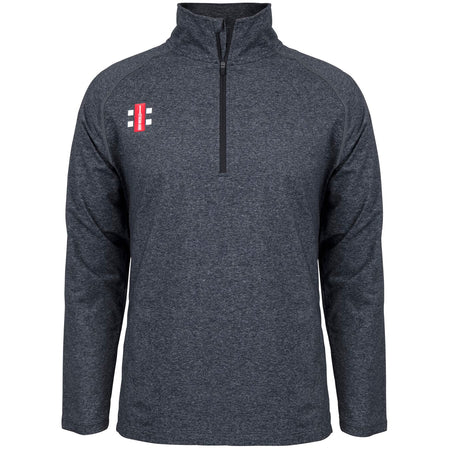 The Gray Nicolls Velocity Mid Layer is a melange black, long-sleeve athletic fit quarter-zip pullover with a small red and white logo on the left chest. Moisture-wicking, high-collared, and perfect as training top sportswear.