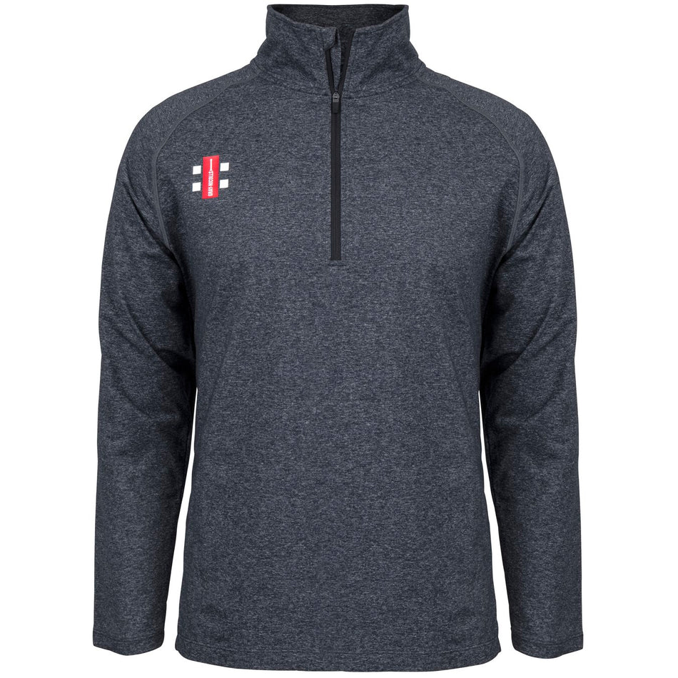 The Gray Nicolls Velocity Mid Layer is a melange black, long-sleeve athletic fit quarter-zip pullover with a small red and white logo on the left chest. Moisture-wicking, high-collared, and perfect as training top sportswear.