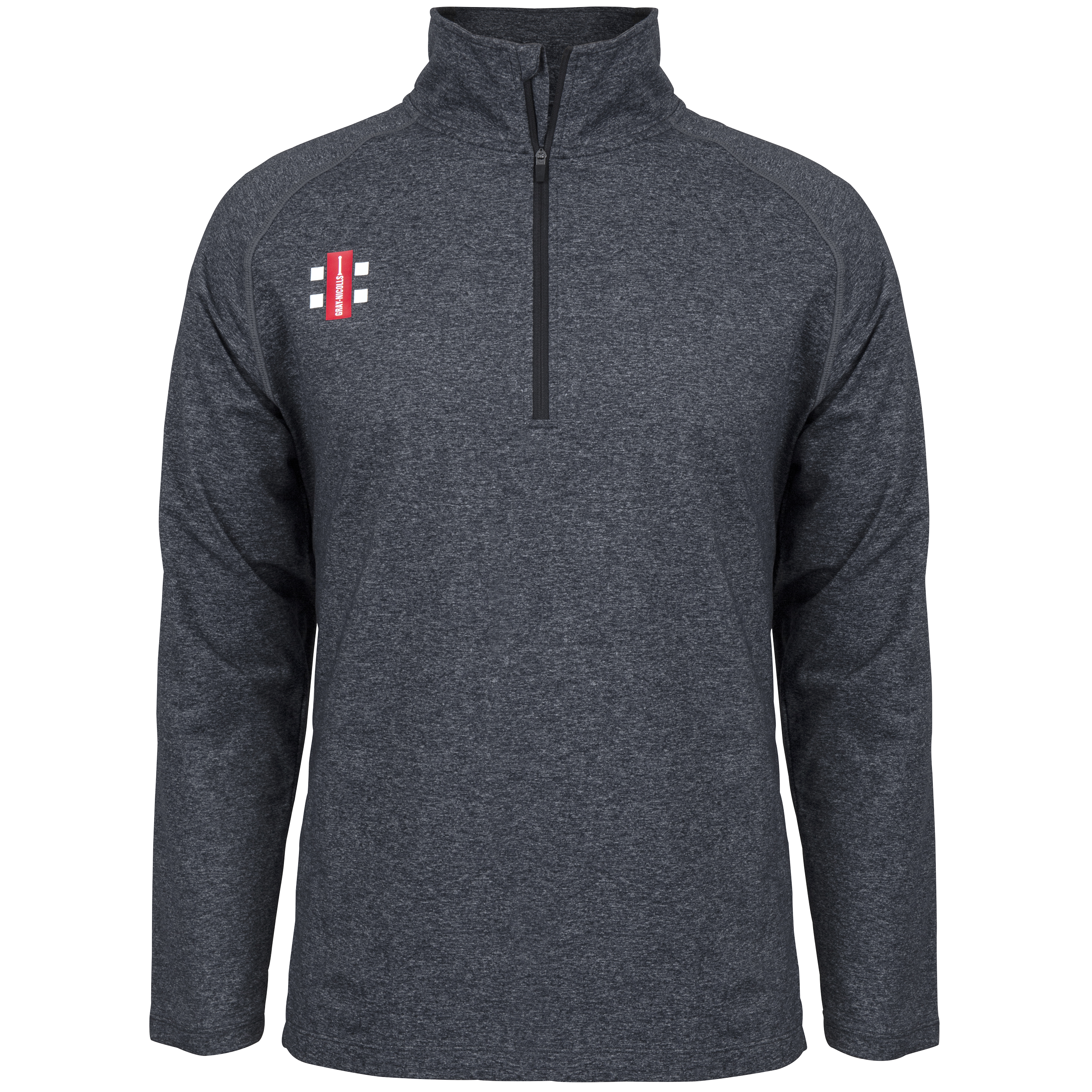 The Gray Nicolls Penallt & Redbrook CC Velocity Mid Layer is a dark gray quarter-zip pullover with long sleeves, featuring the club's red and white shield logo on the left chest. Designed for moisture control. Plain white background.