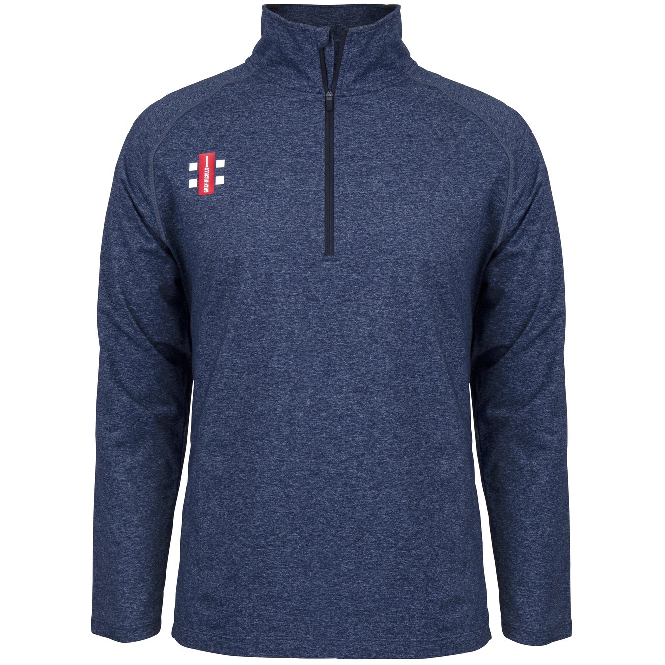 A navy blue, long-sleeve Gray Nicolls Oldlands CC Velocity Mid Layer quarter-zip pullover features a white/red geometric logo on the left chest, moisture control, high collar, and a clean design—ideal for training.