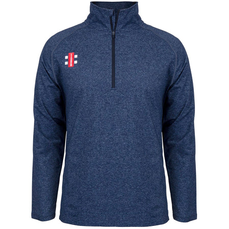 A navy blue, long-sleeve Gray Nicolls Oldlands CC Velocity Mid Layer quarter-zip pullover features a white/red geometric logo on the left chest, moisture control, high collar, and a clean design—ideal for training.