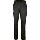 The Gray Nicolls Rockhampton CC Pro Performance Training Trousers - Senior are black, tailored-fit athletic cricket pants with an elastic waistband, straight legs, and a small red and white graphic on the left hip, shown on a plain white background.