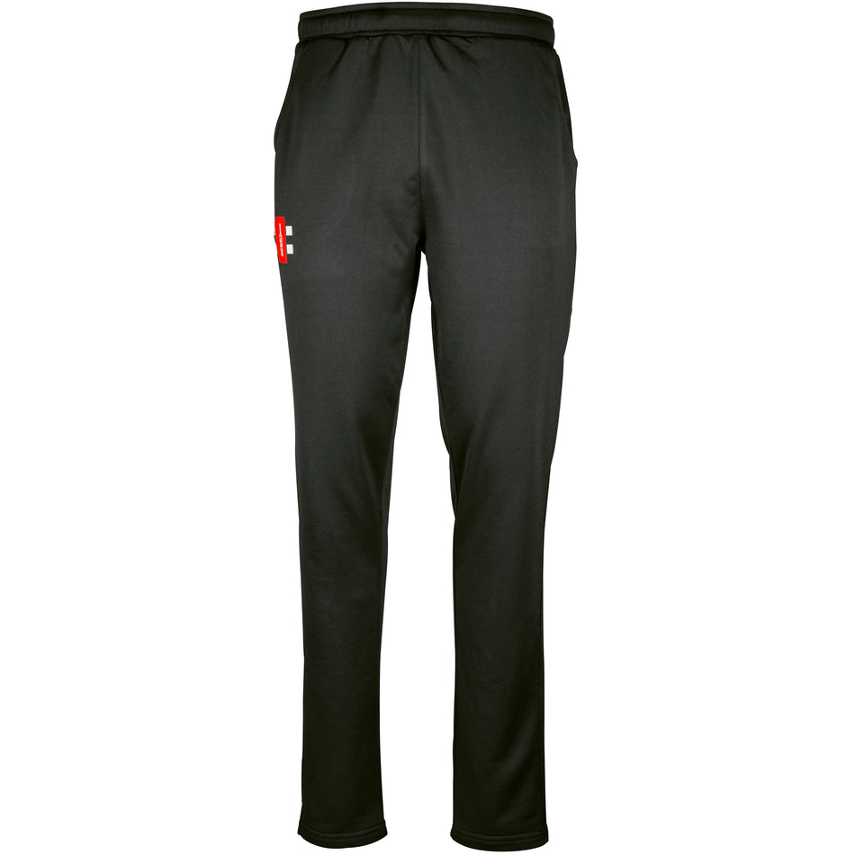 The Gray Nicolls Penallt & Redbrook CC Pro Performance Training Trousers are black track pants with an elastic waistband, side pockets, and a small red and white logo on the upper left thigh. They offer a tapered fit and excellent moisture management.