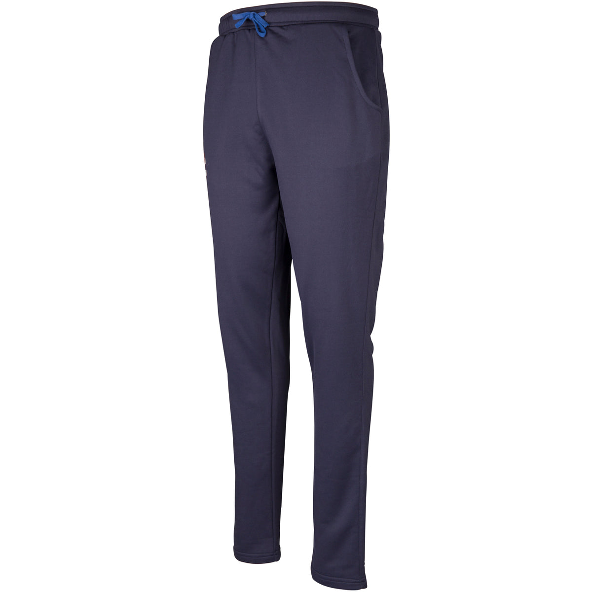 Gray Nicolls Pro Performance Senior Training Trousers in navy blue feature a tailored fit, elastic waistband with blue drawstring, and side pockets. Displayed on a white background, these joggers deliver ultimate comfort and style for athletes.