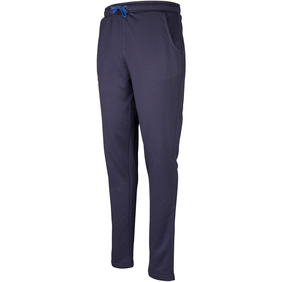 Gray Nicolls Pro Performance Senior Training Trousers in navy blue feature a tailored fit, elastic waistband with blue drawstring, and side pockets. Displayed on a white background, these joggers deliver ultimate comfort and style for athletes.