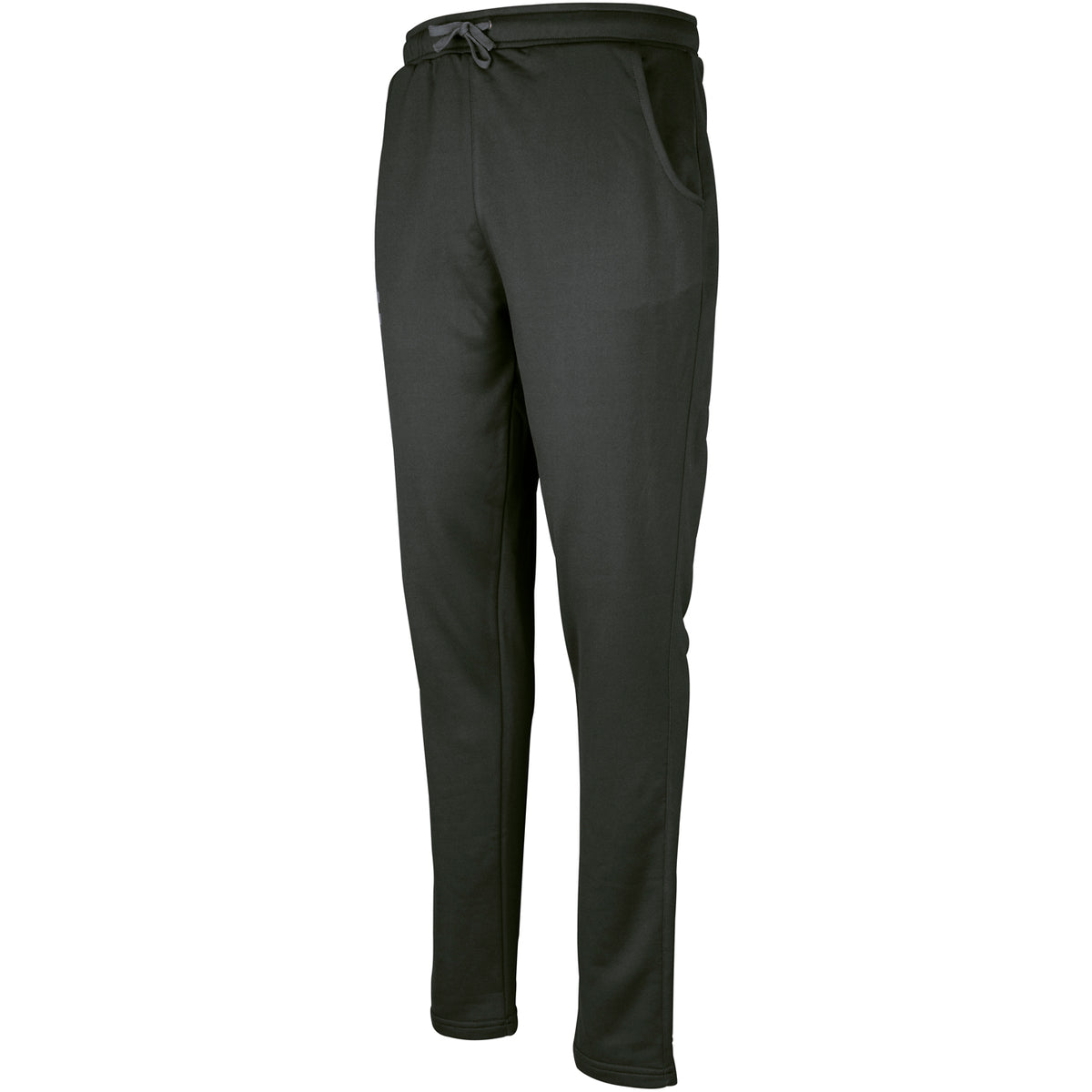 The Gray Nicolls Pro Performance Senior Training Trousers are black athletic joggers with side pockets, a drawstring waistband, and moisture management for comfort. These tailored-fit pants are inspired by Gray Nicolls training wear.