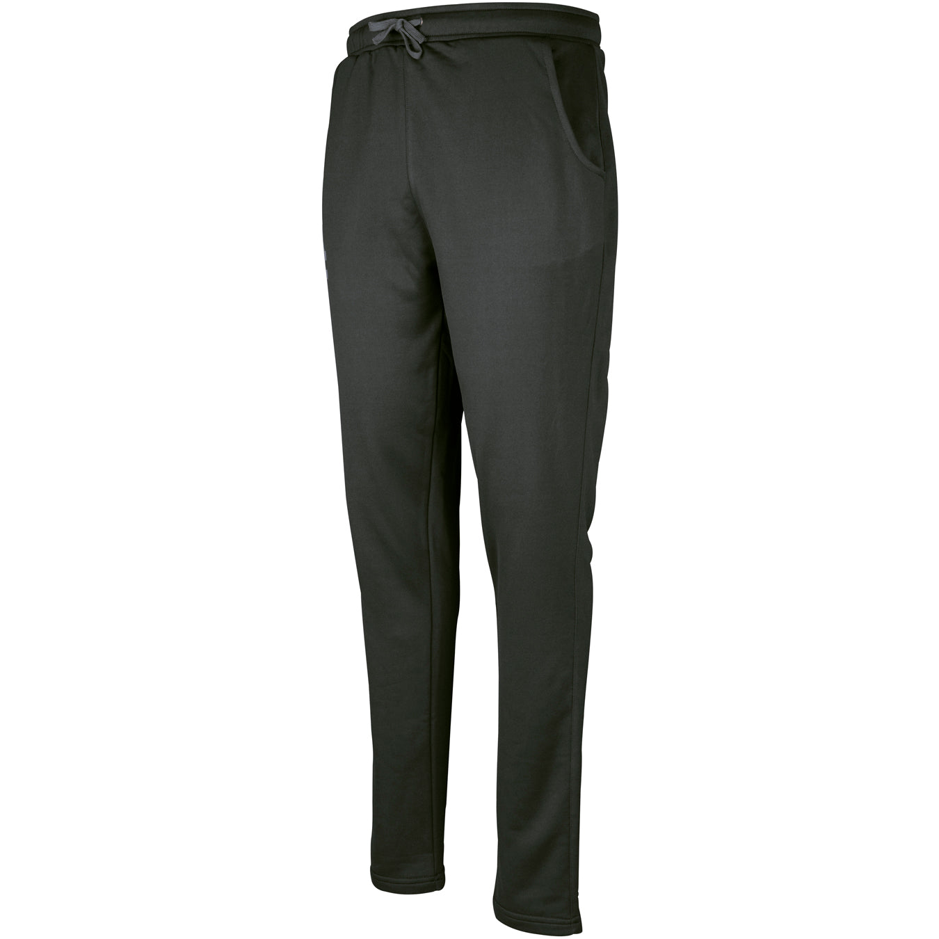 The Gray Nicolls Pro Performance Senior Training Trousers are black athletic joggers with side pockets, a drawstring waistband, and moisture management for comfort. These tailored-fit pants are inspired by Gray Nicolls training wear.