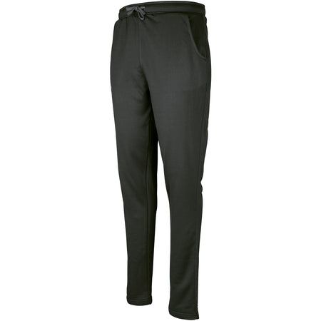 The Gray Nicolls Pro Performance Senior Training Trousers are black athletic joggers with side pockets, a drawstring waistband, and moisture management for comfort. These tailored-fit pants are inspired by Gray Nicolls training wear.