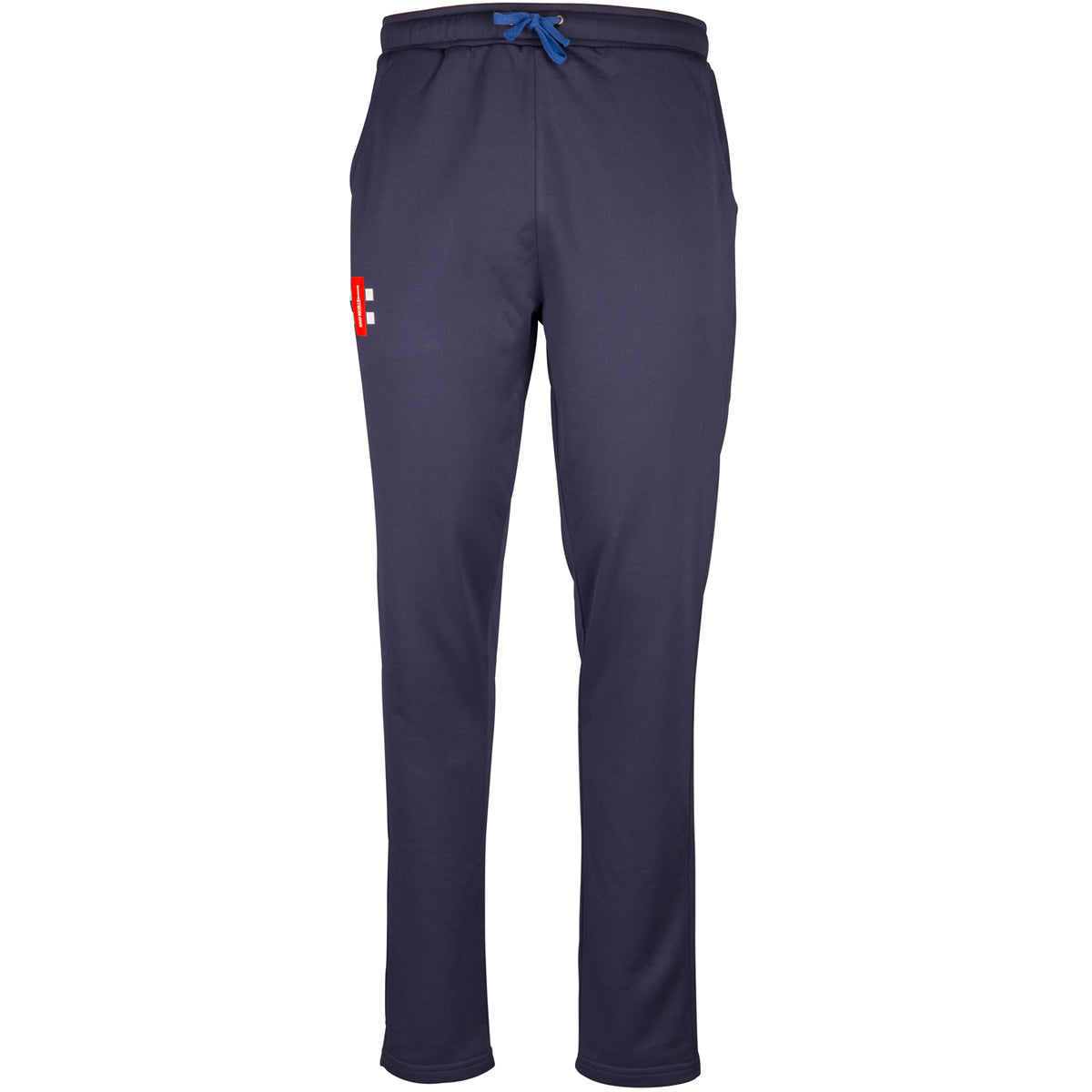 Black Gray Nicolls Pro Performance Senior Training Trousers featuring moisture management, adjustable drawstring waistband, side pockets, and a small red and white logo on the upper right side. Displayed on a plain white background.